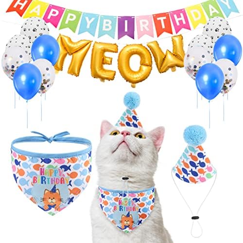 ציוד מסיבת יום הולדת לחתול של אקספרס- כובע יום הולדת לחתול בלוני בנדנה, קישוטי באנר חמודים לחתלתול, גור