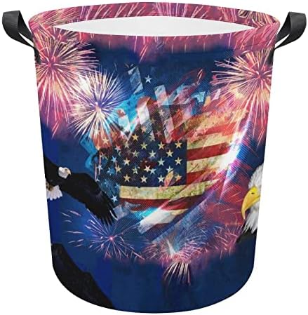 קירח נשר עם אמריקאי דגל כביסת עגול בד בד סלי עם ידיות עמיד למים מתקפל כביסה סל בגדי תיק