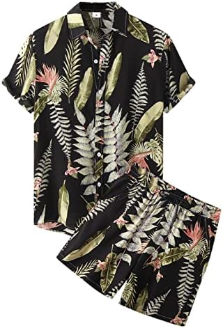 חליפת הדפסה של הקיץ הזכר בהוואי, שני חלקים שרוול קצר, פנה למטה חולצת צווארון כיס מכנסיים קצרים חליפת חליפת גברים
