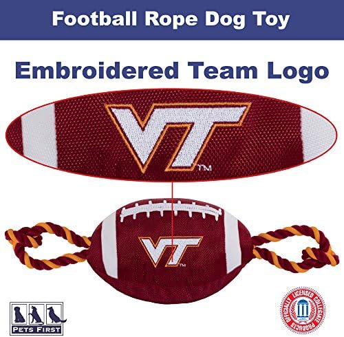 חיות מחמד ראשונות NCAA וירג'יניה טק הוקי צעצוע של כלב כדורגל, חומרי ניילון איכותיים, חבלים משיכה חזקים, חריקים פנימיים,