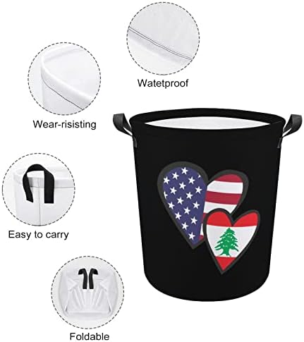 שלובים לבבות אמריקאי לבנון דגל כביסה סל עם ידיות עגול מתקפל כביסת אחסון סל לחדר שינה אמבטיה