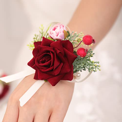 אדום רוז פרח וזר פרחים צמיד פרל צמיד לחתונה שושבינה ופרח בנות בעבודת יד סרט יד שרשרת