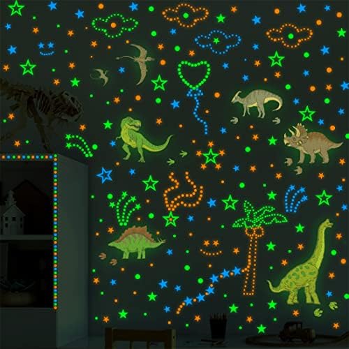 Buiory 925PCs זוהר במדבקות הקיר הדינוזאור הכהה DIY נשלף זוהר זוהר כוכבים צהובים כחולים בצבע ירוק ונקודות