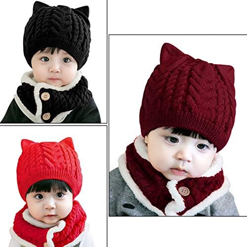 Bienvenu Baby Boy Girl Hat Hat Winter, פעוט כובע כפה חתול עם צעיף, פליס מרופד סרוג כובע צווארוורר לילדים 2 חתיכות
