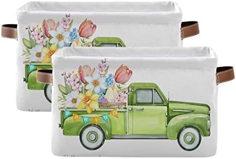 פרחי קפיץ סל צעצוע של משאית ישנה ירוקה, סל סל אחסון מתקפל סל עם ידיות סלי סלי £, אחסון משתלת סלסל לסל מדף