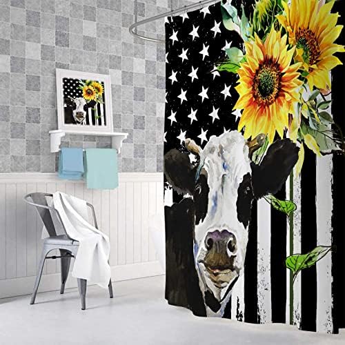 וילון מקלחת הדפסת פרה של סחורה, דגל אמריקאי שחור לבן דגל אמריקאי כפרי חמניות כפרי וילונות מקלחת מוגדרים לחדר אמבטיה,