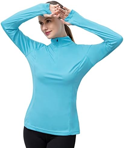 נשים של פעיל יבש בכושר רבעון רוכסן ארוך שרוול עד 50 + שמש הגנת חולצות אימון חיצוני אולטרה סגול חולצות עם אגודל חורים