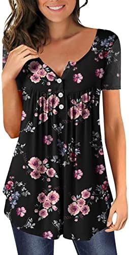 חולצות לנשים מקרית קיץ קצר שרוול כפתור צוואר פרח מודפס קפלים חולצה למעלה חולצות לנשים קיץ