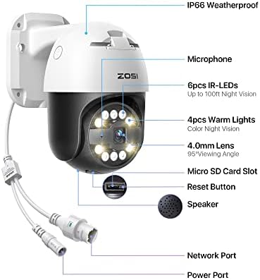 מערכת מצלמות אבטחה של Zosi 4K 16CH POE עם 4TB HDD, 8 x 5MP מצלמות IP של כדור ו -2 x C296 3K POE PTZ מצלמה עם גילוי