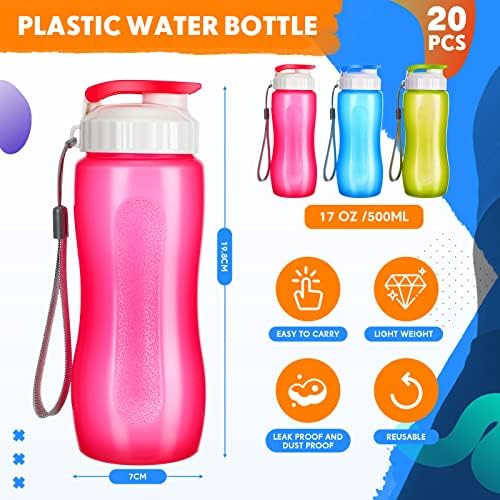 20 יחידות בקבוק מים לילדים 17 עוז פלסטיק לשימוש חוזר עמיד בפני דליפות עם רצועת ידית, ספורט מים ססגוניות בקבוק בתפזורת