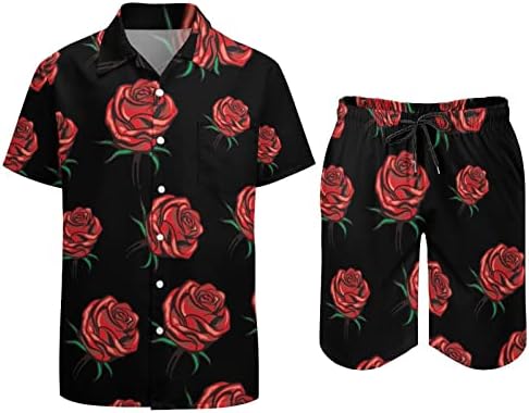 אדום ורד פרחוני פרחוני גברים הוואי מכפתור חולצות שרוול קצר ומכנסיים תלבושות חוף קיץ רופפות אימונית מתאימה