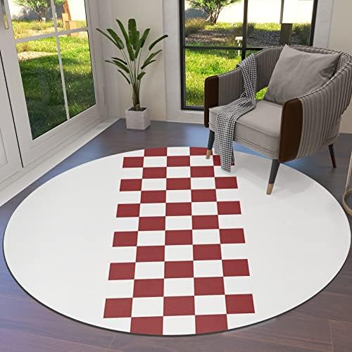 שטיח שטח עגול גדול לחדר שינה בסלון, שטיחים 5ft ללא החלקה לחדר ילדים, מינימליסטי אדום באפלו צ'ק משובץ חווה משובץ נושא