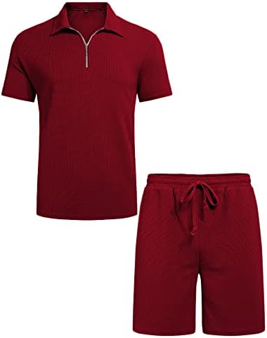 חולצת פולו שרוול קצר לגברים ומכנסיים קצרים סט תלבושות קיץ שני חלקים 3 כיסים אימונית רוכסן ספורט אתלטי מזדמן