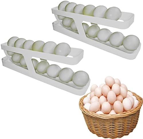 2 יחידים מיכל אחסון ביצים מתגלגל אוטומטית, קרטון ביצה מתגלגל 2 שכבות למקרר, מגש ביצה שומרת שטח לארון השיש במקרר ...