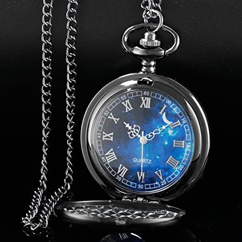 טיונג שעון כיס כחול ליל כוכבים ירח שעון רומי מספרים בקנה מידה עם שרשרת