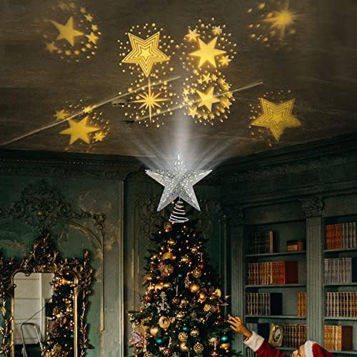 טופר עץ חג המולד של Lulu Home עם מקרן, תלת מימד חלול עץ מתכת נוצץ עם הקרנת כוכב מסתובב, טופר כוכב עץ חג המולד מואר