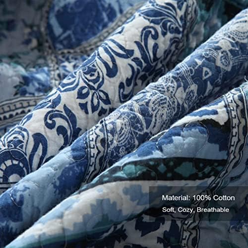 שמיכת כותנה של Maiufun סט מיטה מלכה/גודל מלא, דפוסי טלאים פרחים בוהמיים קלאסיים כחולים, קיוף מצעים קל משקל 3