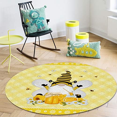 שטיח שטח עגול גדול לחדר שינה בסלון, שטיחים ללא החלקה 6ft לחדר ילדים, דבורה חיננית פרח צהוב משובץ משובץ רחיץ שטיחים שטיח