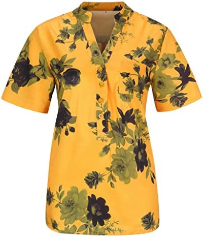 חולצות קיץ לנשים שרוול קצר התאמה רופפת ס-5 ליטר פרחוני טרנדי כפתורים מזדמנים למטה חולצות חולצות טריקו