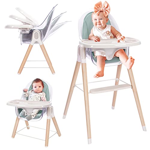 כיסא גבוה לתינוק, 6-in-1 כיסא גבוה עץ להמרה, כיסא שכיבה עם רגל עץ קשה מתכווננת, כסאות גבוהים לתינוקות ופעוטות,