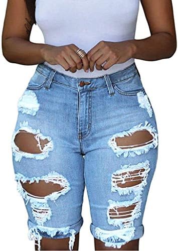 GDJGTA נשים קרועות חורים ג'ינס ג'ינס עיפרון מכנסיים קצרים מכנסיים מותניים גבוהים במצוקה מכנסי ג'ינס קצרים נשים נמתחות