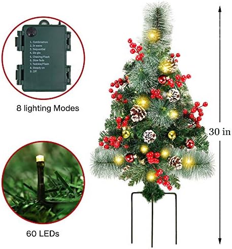 JueGoal 2 חבילה 30 אינץ 'מסלול מואר לפני עצי חג המולד, מילוי כד חג המולד מלאכותי עם 60 פנסי LED, פירות יער אדומים, קישוטים