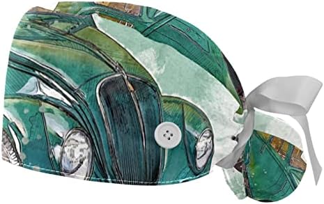 2 חבילות כובע עבודה של נשים עם כפתורים סרט קושרים קשירה לאחור מכונית וינטג 'ירוק רטרו שיער ארוך