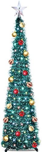 עץ עיפרון חג המולד מואר 5 רגל עץ עץ חג המולד עם טיימר 25 קישוט כדור 50 אורות צבע 3D סוללה כוכב מופעלת, נצנצים