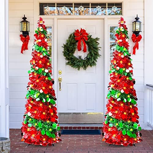 עץ חג מולד מלאכותי עם 50 אורות צבע, 5 רגל פופ -אפ עץ חג המולד של טינסל עם כדורי חג המולד קישוטים לחג המולד למסיבת