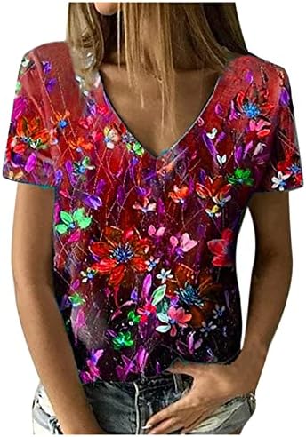 חולצת טשס עליונה לנשים קיץ סתיו שרוול קצר נגד צוואר כותנה פרחונית פרחונית גרפית חולצת טשט