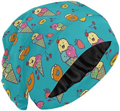 כובע שינה גלידה מצחיקה סופגניות סאטן מרופד כותנה כותנה כותנה פירות כפית גולגולת כובע שיער כובע שיער לנשים כחול