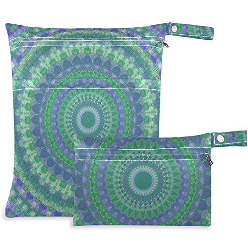 Visesunny Boho Hippie כחול ירוק מורכב מנדלה סימטרי אמנות מופשטת 2 יחידות שקיות רטובות עם כיסים רוכסנים רוכסן תיק חיתולים מרווח