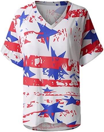 4 ביולי חולצות חולצות לנשים שרוול קצר צווארון V-צווארון Tshirt כוכבי דגל אמריקאים כוכבי טוניקה חולצת עניבה על עניבה