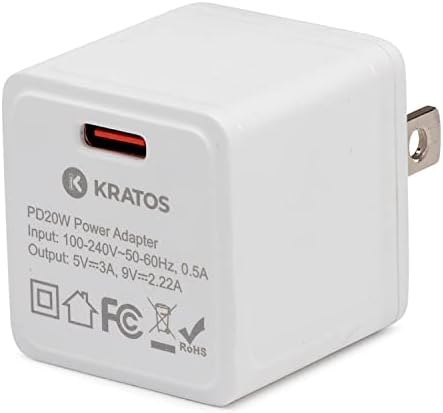 Kratos Power 20W USB Type-C יציאה יחידה PD מתאם כוח עם מטען קיר AC מובנה, תואם לבן לחיבורי Magsafe 15W, iPhone 12, Google