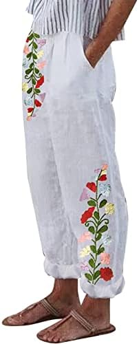 מכנסי פשתן כותנה של פירו לנשים מותניים אלסטיות מכנסי רגל רחבים קיץ פלוס מכנסי רגל ישר מודפסים עם כיסים