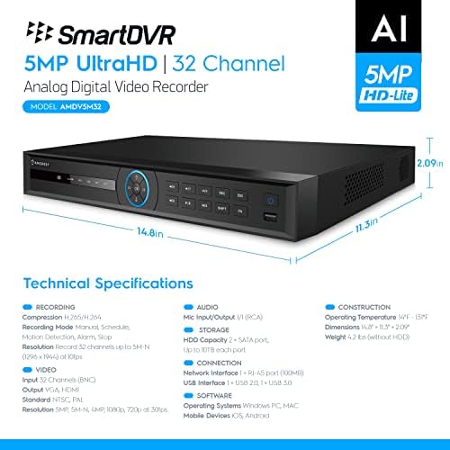 Amcrest 5MP Ultrahd 32 ערוץ DVR DVR מקליט מערכת מצלמות אבטחה, 5MP אבטחה DVR למצלמות אבטחה אנלוגיות, גישה לסמארטפון מרחוק,