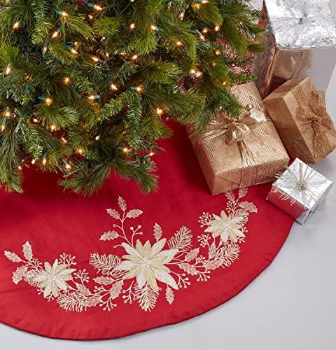סגנונות FENNCO זהב רקום הולי עץ חג המולד חצאית 72 אינץ 'עגולה - חצאית עץ חגיגית אדומה לבית, קישוט לחג ואירוע מיוחד