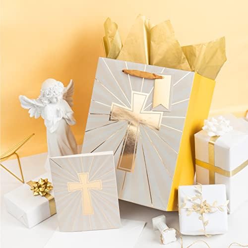 מייפלוס 13 זהב צלב מתנה גדול תיק עם כרטיס ברכה ונייר טישו לקהילות הראשונות דתי חתונה / טבילה