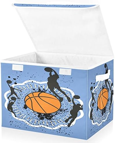 קופסת אחסון מתקפלת של Krafig כדורסל מארגן קוביות גדולות פחים סלי מכולות עם ידיות מכסים לארגון ארונות, מדפים, בגדים, צעצועים