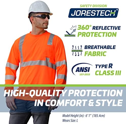 חולצת שרוול ארוך בטיחות של Jorestech עם רצועות רפלקטיביות נראות גבוהה וכיס קדמי, כתום תואם ANSI