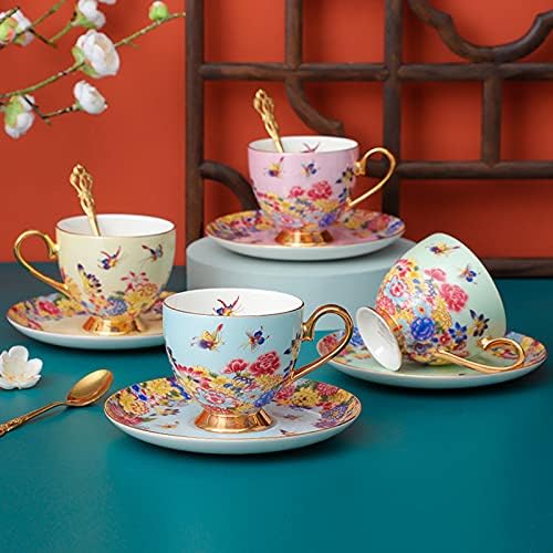 Fanquare צבעוני עדין עצם סין קפה כוס קפה וצלוחית עם כף, כוס תה פרפרים פרחים, כחול