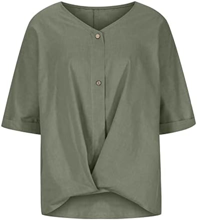 צמרות פשתן כותנה לנשים רופפות בצבע אחיד מזדמן שרוולים קצרים כפתור כלפי מעלה סווד החולצה של חולצת הצוואר