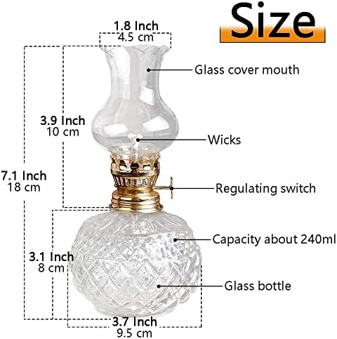 מנורת שמן קולקו 8 עוז נוזלי מנורת שמן קלאסית כדורית עם אהיל זכוכית, מתג מתכוונן מנורת נפט עם פתיל לרפד, מסיבה, מנורת אווירה