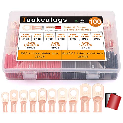 Taukealugs 100 יחידות מחברי מסוף סוללה קצוות כבלים, UL רשום AWG8-1/0 Crimp Copper Tirp Tings עם 3: 1 ערכת מבחר צינורות