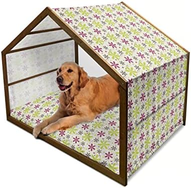בית כלבים מעץ וינטג ' אמבסון, תבנית משובצת מיושנת בצבעים עלובים גיאומטרית קלאסית, מלונה ניידת לכלבים מקורה וחיצונית