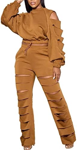 חליפות זיעה לנשים צ'יקיות סט 2 תלבושות חלולות של שרוול ארוך יבול עליון מכנסיים ארוכים סט מכנסיים סט מכנסיים