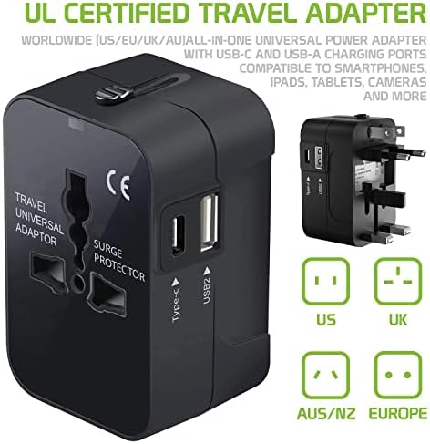 Travel USB פלוס מתאם כוח בינלאומי התואם ל- BLU Advance 4.0 עבור כוח ברחבי העולם לשלושה מכשירים USB Typec, USB-A לנסוע