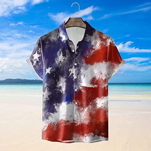 חולצות יום העצמאות של הגברים של Beuu כפתור שרוול קצר למטה חולצה פטריוטית דגל אמריקאי חוף קיץ חוף מזדמן חולצה