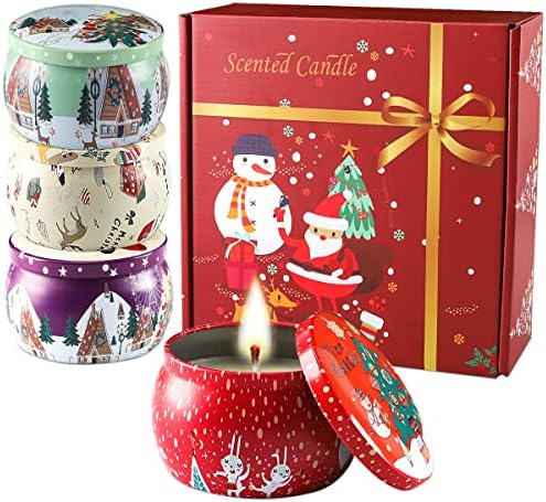 נרות ריחניים לחג המולד של ייהאנג סט של 4, 4.4 גרם שעווה סויה טבעית, ערכת מתנה של נרות ארומתרפיה לקישוט חג המולד