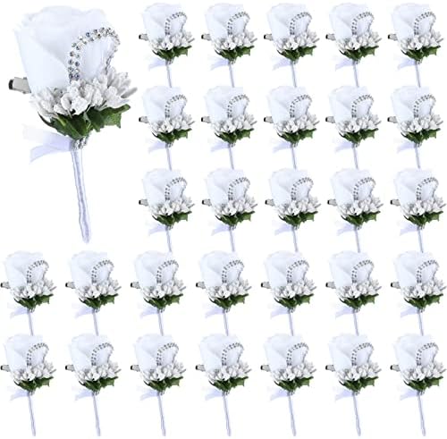 ג'קסין 30 חתיכות רוז בוטונייר לגברים לבנים חתונה לבנה עם סיכות עם סיכות פרחי חתונה לחתונה לחתונה, איש חתן איש